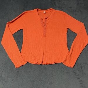 Intimately Free People Shirt Women L Orange Waffle Knit Henley Thermal Top